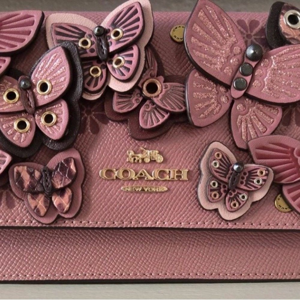 Coach Pink Multi-Butterfly Appliqué Leather Crossbody /Belt Bag
